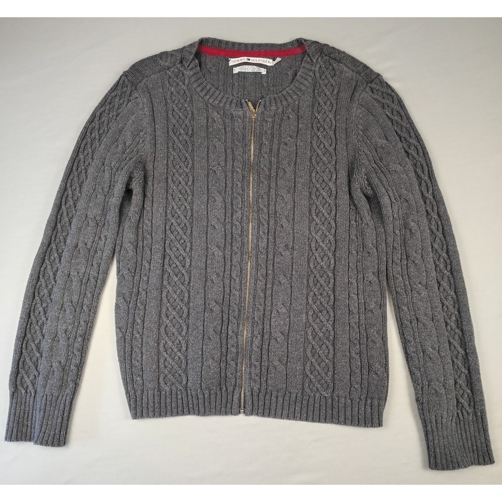 Vintage 90s Tommy Hilfiger Women L Gray Cable Knit Cardigan Full Zip Sweater